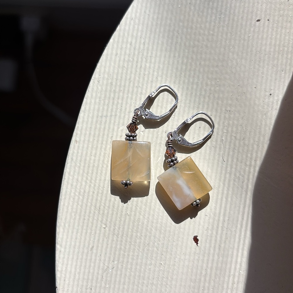 Semiprecious stones earrings, silver danglers. Translucent ivory color stones.